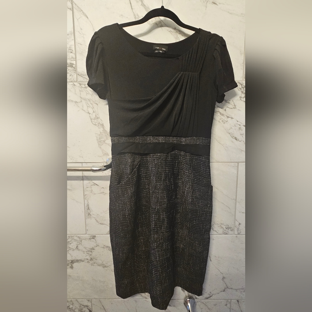 Max & Cleo Black and Gray Sheath Dress with Puff Sleeves